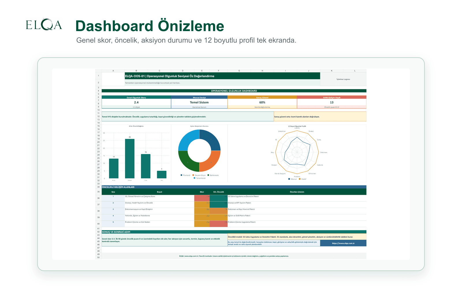 Genel skor, sonuç güveni ve 12 boyutlu olgunluk profilini gösteren yönetim dashboardu önizlemesi